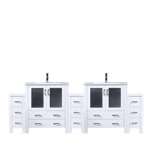 [LVV96D30A601] Volez 96 in W x 18.25 in. D White Double Bath Vanity with Side Cabinet, White Ceramic Top, and Faucet Set