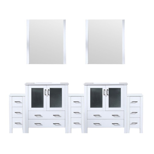 [LVV96D30A610] Volez 96 in W x 18.25 in. D White Double Bath Vanity with Side Cabinets, White Ceramic Top, and 28 in Mirrors