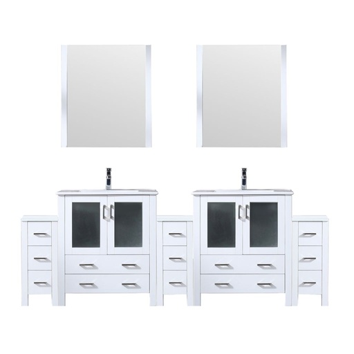[LVV96D30A611] Volez 96 in W x 18.25 in. D White Double Bath Vanity with Side Cabinets, White Ceramic Top, 28 in Mirrors, and Faucet Set