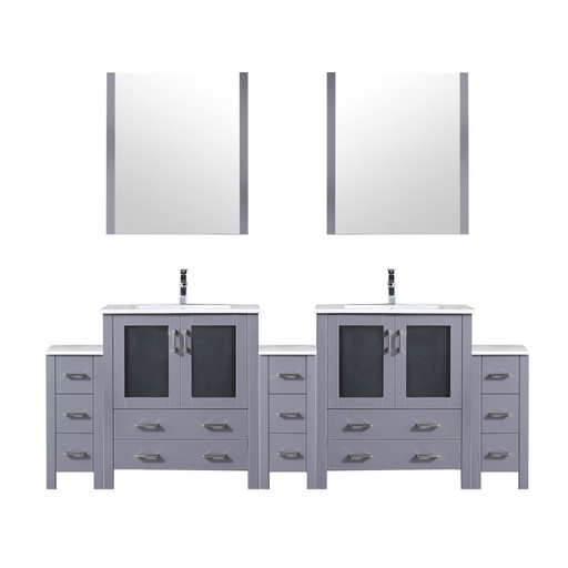 [LVV96D30B611] Volez 96 in W x 18.25 in. D Dark Grey Double Bath Vanity with Side Cabinets, White Ceramic Top, 28 in Mirrors, and Faucet Set