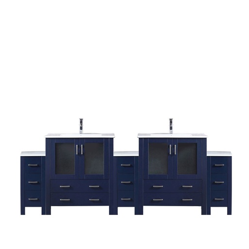 [LVV96D30E601] Volez 96 in W x 18.25 in. D Navy Blue Double Bath Vanity with Side Cabinets, White Ceramic Top, and Faucet Set