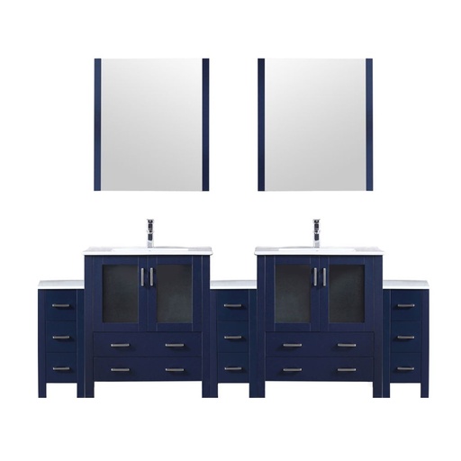 [LVV96D30E611] Volez 96 in W x 18.25 in. D Navy Blue Double Bath Vanity with Side Cabinets, White Ceramic Top, 28 in Mirrors, and Faucet Set