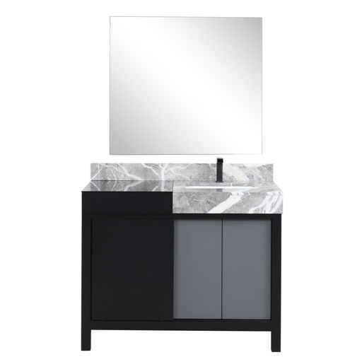 [LVZL42SBG713] Zilara 42 in W x 22 in. D Black and Grey Bath Vanity, Castle Grey Marble Top, Gun Metal Faucet Set and 34 in Mirror