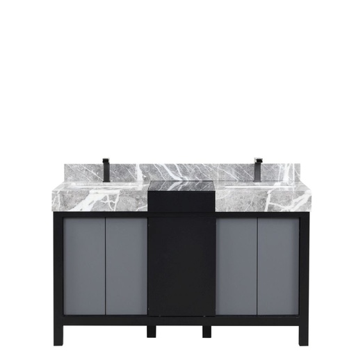 [LVZL55DBG703] Zilara 55 in W x 22 in. D Black and Grey Double Bath Vanity, Castle Grey Marble Top and Gun Metal Faucet Set