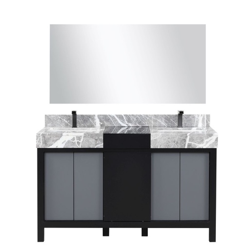 [LVZL55DBG713] Zilara 55 in W x 22 in. D Black and Grey Double Bath Vanity, Castle Grey Marble Top, Gun Metal Faucet Set and 53 in Mirror