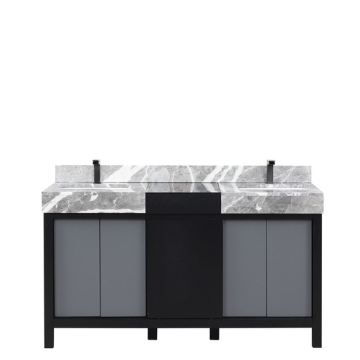 [LVZL60DBG703] Zilara 60 in W x 22 in. D Black and Grey Double Bath Vanity, Castle Grey Marble Top and Gun Metal Faucet Set