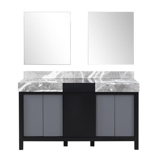 [LVZL60DBG710] Zilara 60 in W x 22 in. D Black and Grey Double Bath Vanity, Castle Grey Marble Top and 28 in Mirrors