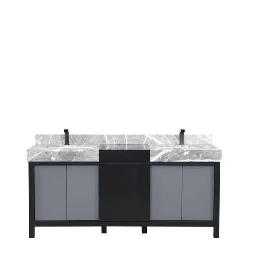 [LVZL72DBG703] Zilara 72 in W x 22 in. D Black and Grey Double Bath Vanity, Castle Grey Marble Top and Gun Metal Faucet Set