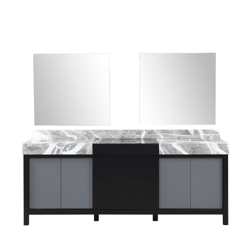[LVZL84DBG710] Zilara 84 in W x 22 in. D Black and Grey Double Bath Vanity, Castle Grey Marble Top and 34 in Mirrors