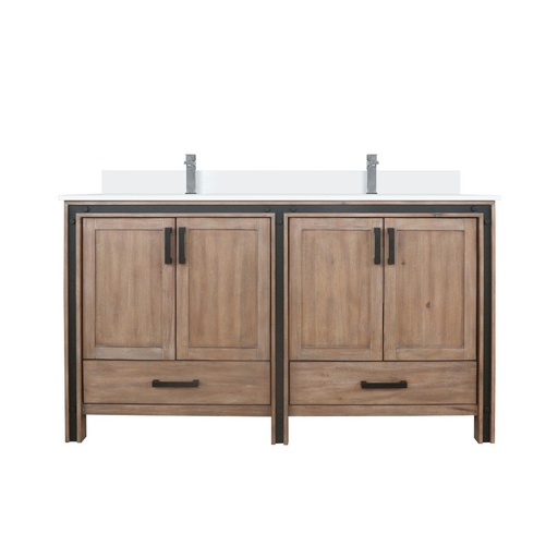 [LVZV60DN201] Ziva 60 in W x 22 in. D Rustic Barnwood Double Bath Vanity, White Quartz Top and Faucet Set