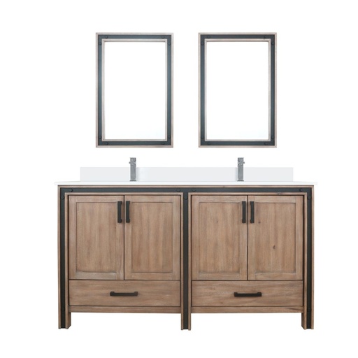 [LVZV60DN211] Ziva 60 in W x 22 in. D Rustic Barnwood Double Bath Vanity, White Quartz Top, Faucet Set and 22 in Mirrors