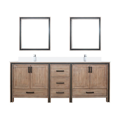[LVZV84DN211] Ziva 84 in W x 22 in. D Rustic Barnwood Double Bath Vanity, White Quartz Top, Faucet Set and 34 in Mirrors