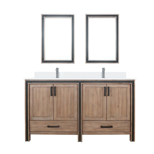 [LVZV60DN311] Ziva 60 in W x 22 in. D Rustic Barnwood Double Bath Vanity, Cultured Marble Top, Faucet Set and 22 in Mirrors