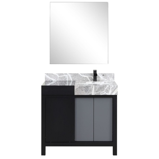 [LVZL36SBG711] Zilara 36 in W x 22 in. D Black and Grey Bath Vanity, Castle Grey Marble Top, Matte Black Faucet Set and 30 in Mirror