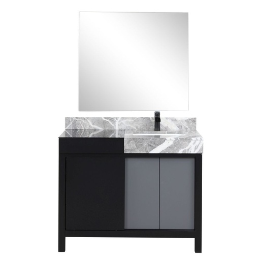 [LVZL42SBG711] Zilara 42 in W x 22 in. D Black and Grey Bath Vanity, Castle Grey Marble Top, Matte Black Faucet Set and 34 in Mirror