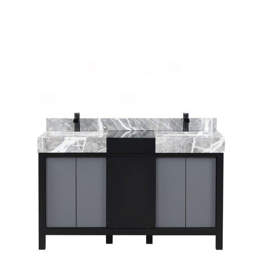 [LVZL55DBG701] Zilara 55 in W x 22 in. D Black and Grey Double Bath Vanity, Castle Grey Marble Top and Matte Black Faucet Set