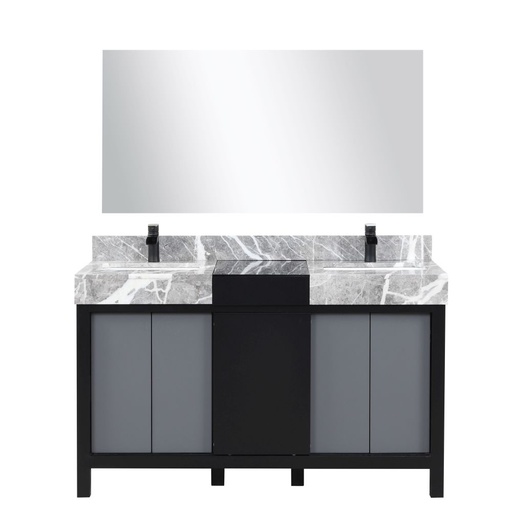 [LVZL55DBG711] Zilara 55 in W x 22 in. D Black and Grey Double Bath Vanity, Castle Grey Marble Top, Matte Black Faucet Set and 53 in Mirror