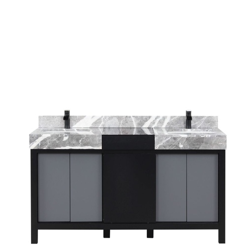 [LVZL60DBG701] Zilara 60 in W x 22 in. D Black and Grey Double Bath Vanity, Castle Grey Marble Top and Matte Black Faucet Set