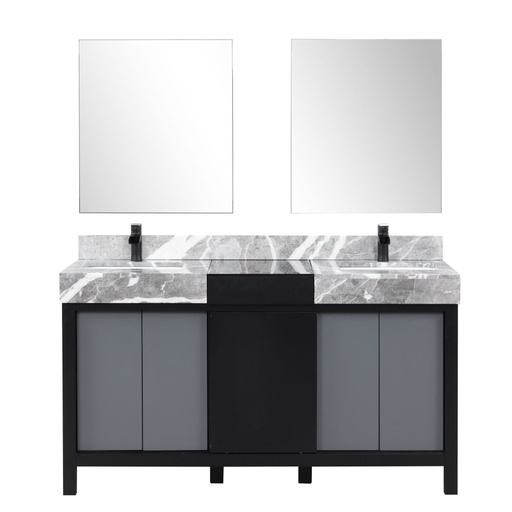 [LVZL60DBG711] Zilara 60 in W x 22 in. D Black and Grey Double Bath Vanity, Castle Grey Marble Top, Matte Black Faucet Set and 28 in Mirrors