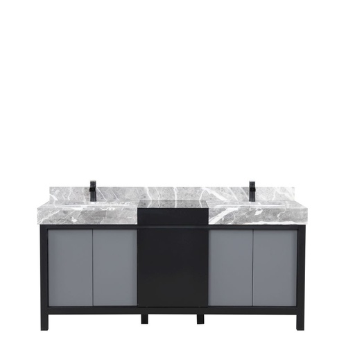 [LVZL72DBG701] Zilara 72 in W x 22 in. D Black and Grey Double Bath Vanity, Castle Grey Marble Top and Matte Black Faucet Set