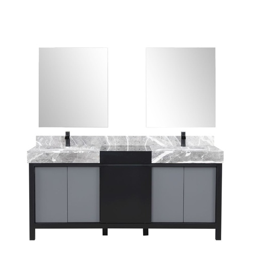 [LVZL72DBG711] Zilara 72 in W x 22 in. D Black and Grey Double Bath Vanity, Castle Grey Marble Top, Matte Black Faucet Set and 28 in Mirrors