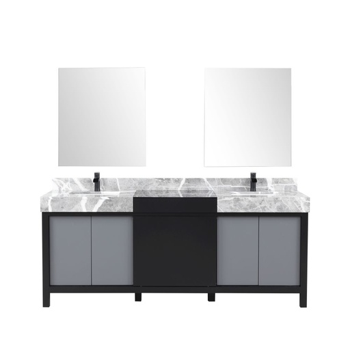 [LVZL80DBG711] Zilara 80 in W x 22 in. D Black and Grey Double Bath Vanity, Castle Grey Marble Top, Matte Black Faucet Set and 30 in Mirrors