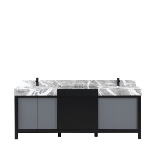 [LVZL84DBG701] Zilara 84 in W x 22 in. D Black and Grey Double Bath Vanity, Castle Grey Marble Top and Matte Black Faucet Set