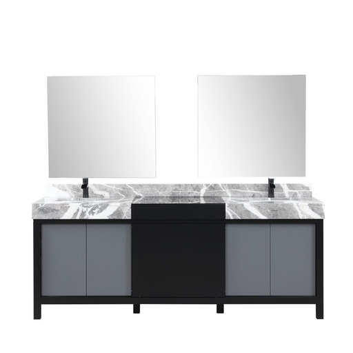 [LVZL84DBG711] Zilara 84 in W x 22 in. D Black and Grey Double Bath Vanity, Castle Grey Marble Top, Matte Black Faucet Set and 34 in Mirrors