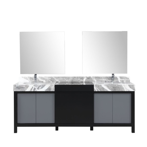 [LZ342284DLISM34FMC] Zilara 84 in W x 22 in D Black and Grey Double Bath Vanity, Castle Grey Marble Top, Chrome Faucet Set and 34 in Mirrors