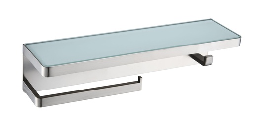 [LSTR18152BNWG] Bagno Bianca Stainless Steel White Glass Shelf with Towel Bar & Robe Hook in Brushed Nickel